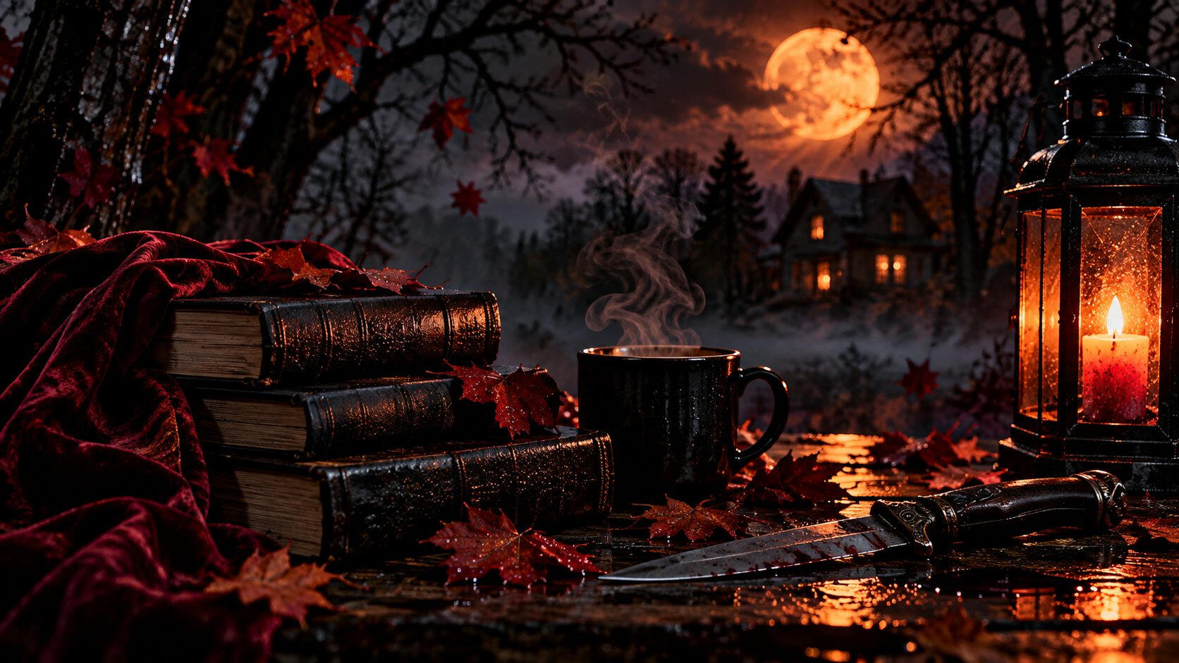 Moody autumn night with books, lanterns, and a full moon